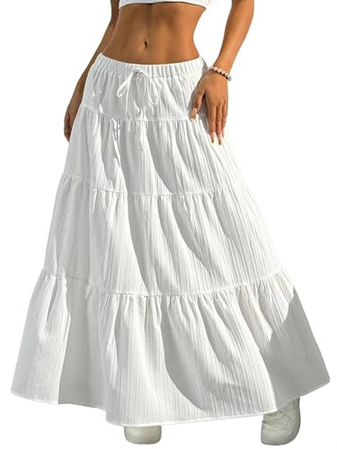 DERAX Women's Boho Flowy White Maxi Skirt Flared Ruffle Elastic Waist Summer A Line 2026 Spring L... | Amazon (US)