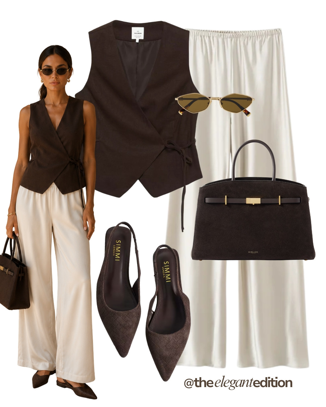 WAISTCOAT & CREAM TROUSERS LOOK 🤎 — Brown wrap waistcoat, cream wide-leg satin trousers, brown suede top-handle bag and brown slingback flats.
#summeroutfit #oldmoney #LTKsummer #LTKstyletip 

 #LTKeurope #LTKsummer #LTKstyletip