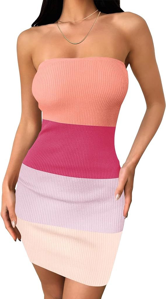 ZESICA Women's 2024 Summer Strapless Bodycon Dress Sexy Off Shoulder Backless Color Block Y2k Tub... | Amazon (US)