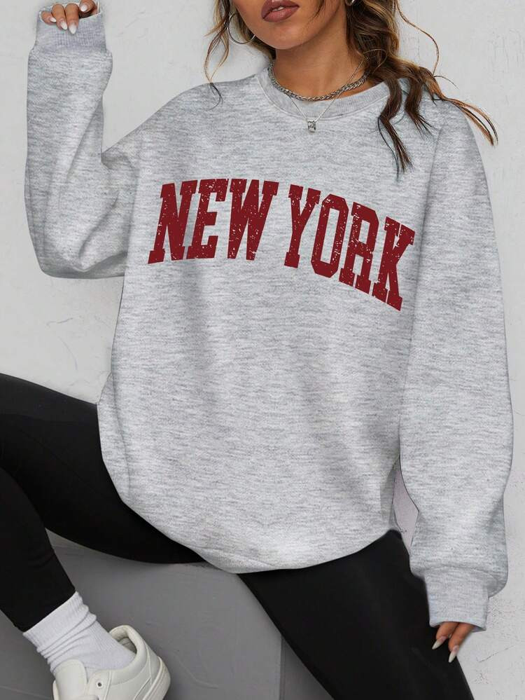 New York Letter Retro Distressed Pattern Printed Sweatshirt, Women's Plush Thick Round Neck Sweatshirt, Sports Casual Sweatshirt, Plush Sweatshirt, Autumn And Winter Sweatshirt, Silhouette Cut. Suitable For Parties, Sports, Outdoor Leisure And Other Occasions, Autumn And Winter Women's Clothing | SHEIN