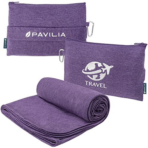 PAVILIA Soft Compact Travel Blanket and Pillow, Foldable Airplane Blanket in Bag, Lightweight Portable Flight Blanket Set with Luggage Strap, Camping Plane Car Home Office Gift Accessories, Purple | Amazon (US)
