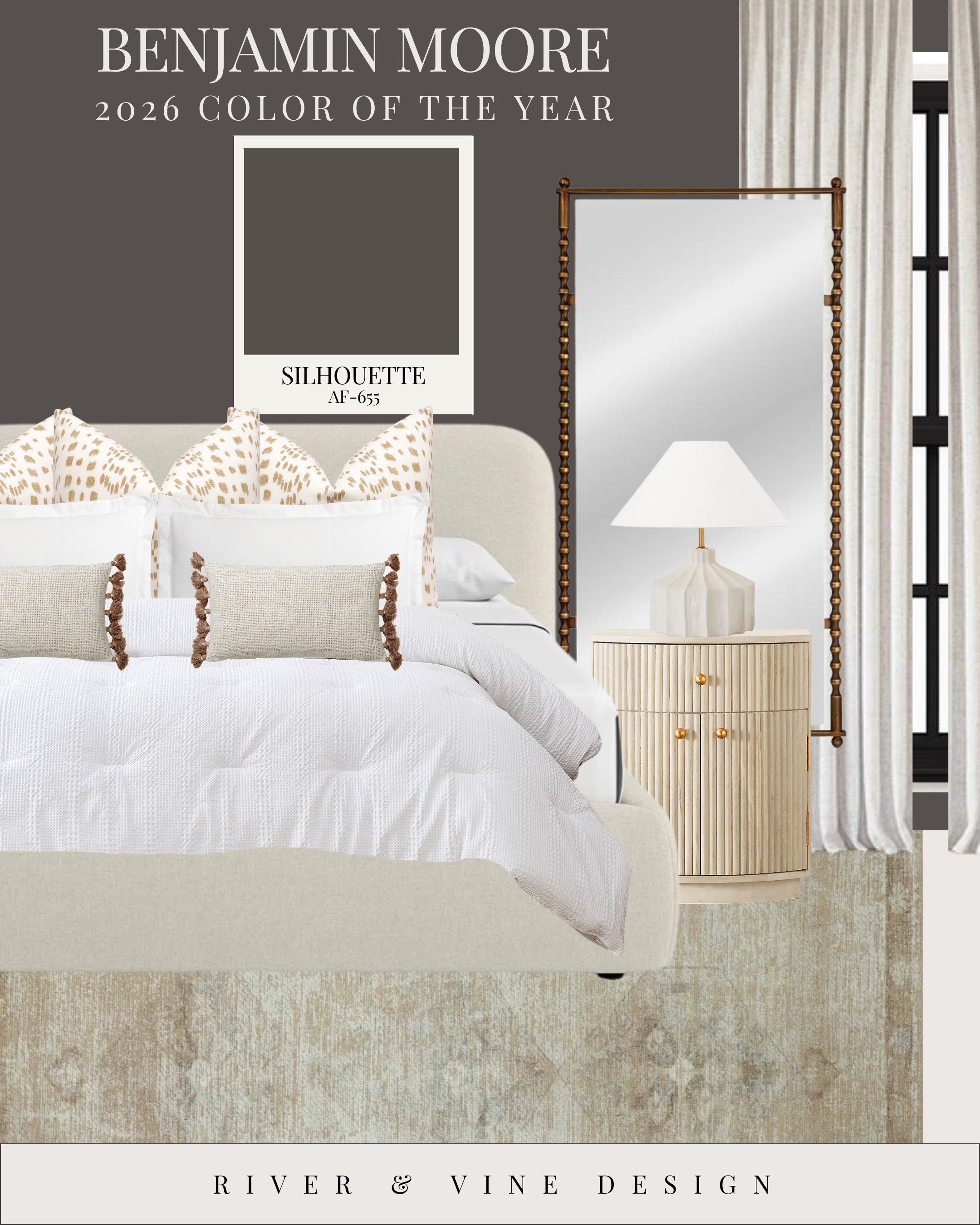 Benjamin Moore just announced Silhouette AF-655 as the 2026 Color of the Year — and I’m officially obsessed. 🤎
Reminiscent of tailored suiting, this elegant shade weaves rich espresso hues with refined notes of charcoal, creating the perfect moody backdrop for soft neutrals and layered textures.

In this bedroom concept, Silhouette sets the tone while creamy bedding, natural wood accents, and brass details keep the space warm and livable — never dark or heavy.

Why it works:
• Moody wall color with a luxe, sophisticated feel
• Soft ivory + taupe textiles to balance the depth
• Subtle patterns + texture instead of bold color
• Mixed materials — linen, wood, brass, boucle — for dimension

Would you try a dark wall like this in your bedroom? Or is “painted accent wall energy” too big of a commitment? 👀✨

— River & Vine Design 

 #LTKHome