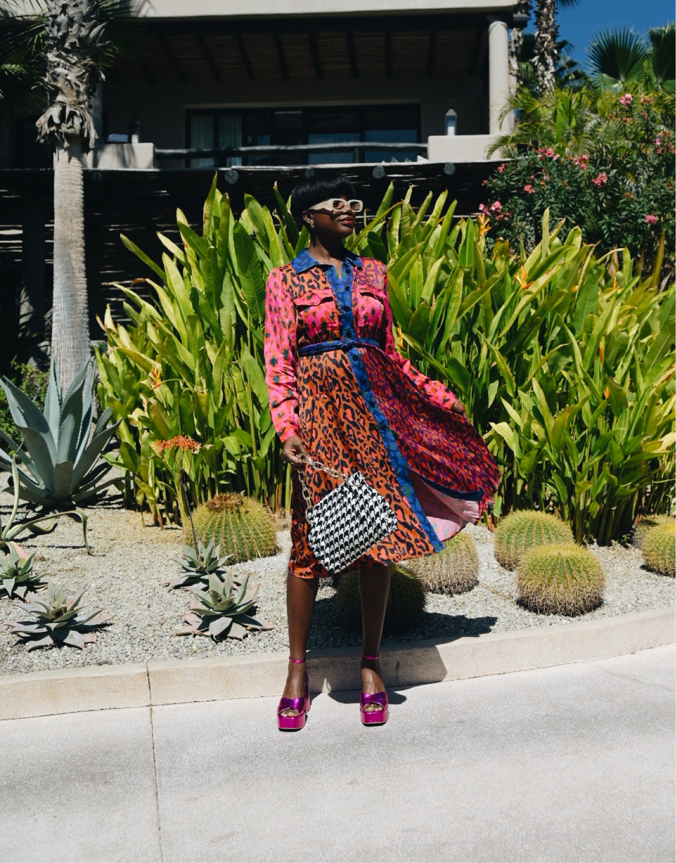 Farm Rio leopard mixed print dress, dolce vita pink metallic platforms, houndstooth purse and rectangular cream sunglasses  

#LTKwedding #LTKshoecrush #LTKworkwear