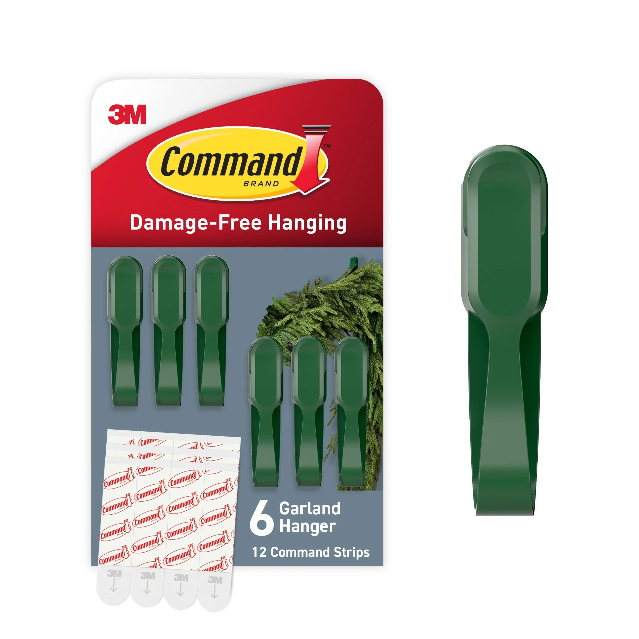 Command Garland Holders, Holds 2 lbs, Green, Holiday Décor, Wreaths, Damage-Free, 6 Hooks, 12 Ad... | Walmart (US)