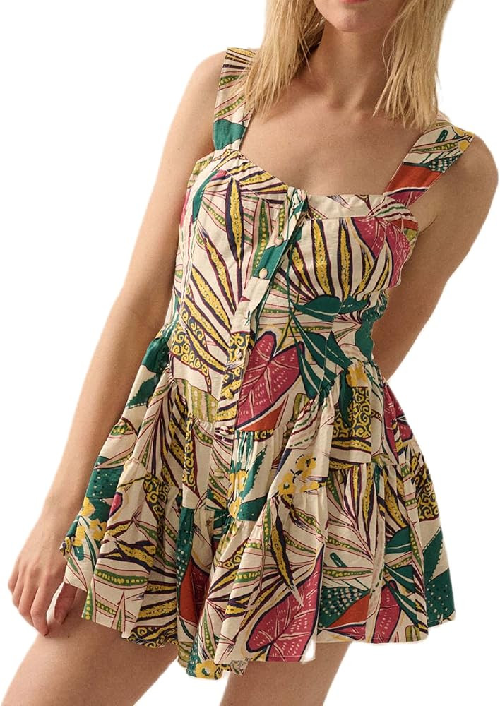 ROAONOCOMO Women Boho Graphic Mini Dress Spaghetti Strap A Line Dress Graffiti Halter Dresses Col... | Amazon (US)