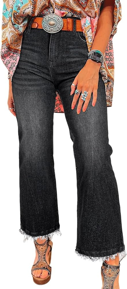 Astylish Womens High Waisted Jeans Stretchy Flared Straight Leg Loose Trendy Raw Hem Denim Pants | Amazon (US)