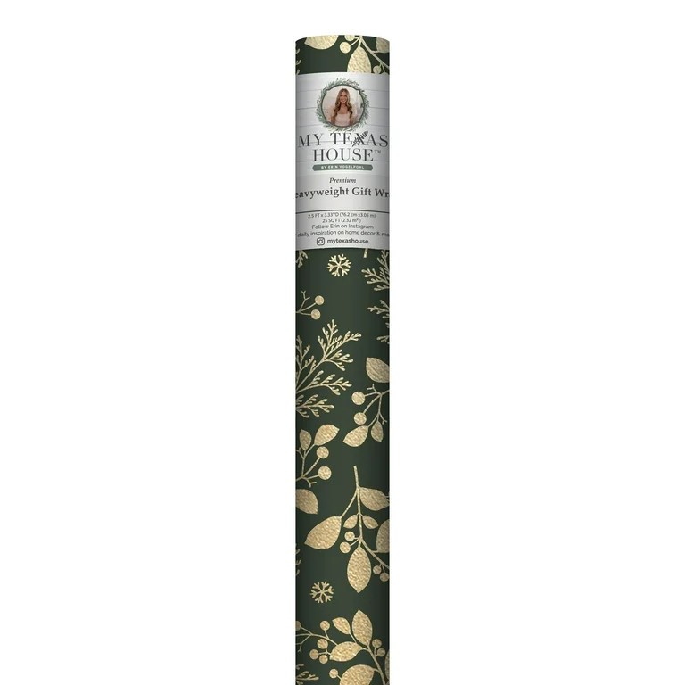 Gold and Green Botanical Premium Heavyweight Christmas Wrapping Paper, 25 sq ft, by My Texas Hous... | Walmart (US)