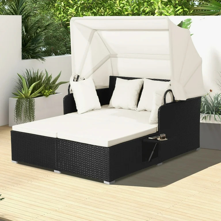 Costway Patio Rattan Daybed Lounge Retractable Top Canopy Side Tables Cushions Off White | Walmart (US)