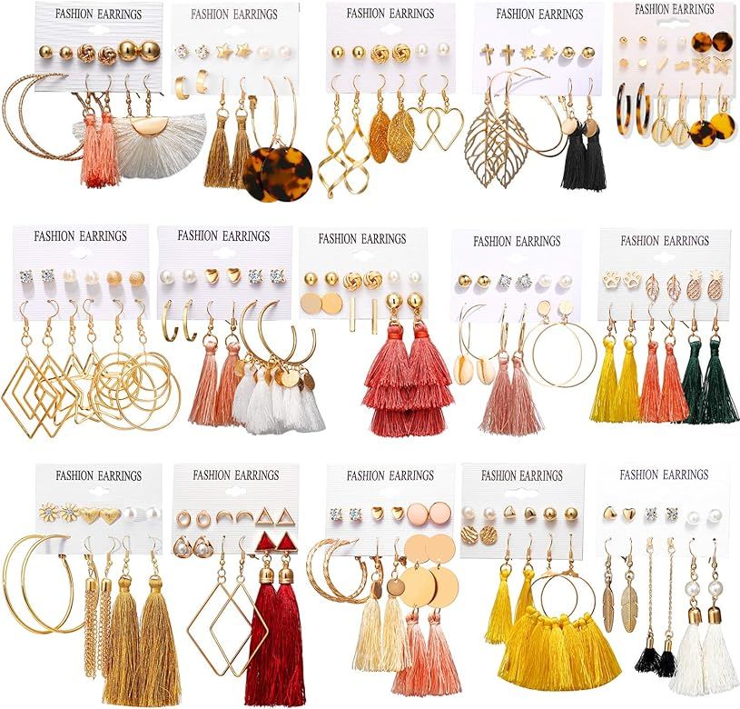 AROIC 72-93 Pairs Colorful Earrings with Tassel Earrings Layered Ball Dangle Hoop Stud Jacket Ear... | Amazon (US)
