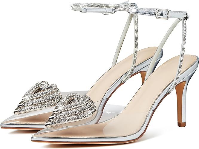 Atsroel High Heeled Sandals for Women Rhinestone Triple Heart Pumps Pointed Toe For Wedding Block... | Amazon (US)