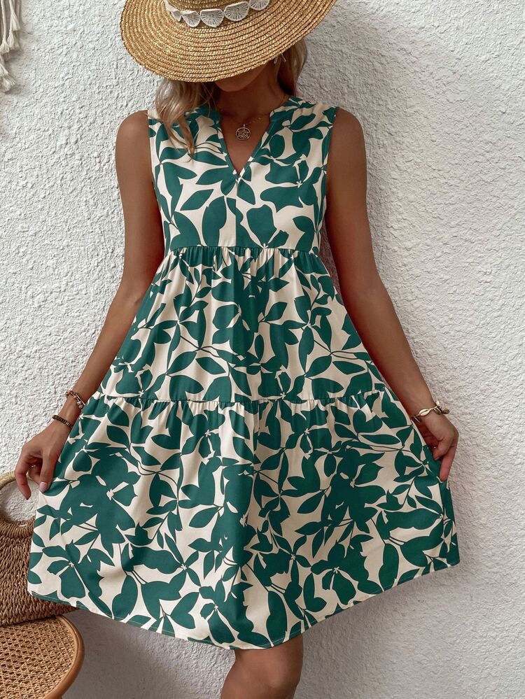 SHEIN VCAY Allover Plant Print Notch Neck Ruffle Hem Dress | SHEIN