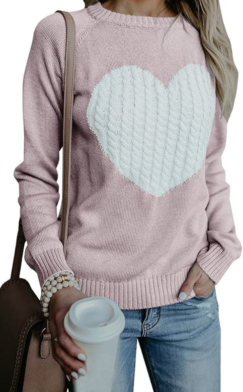 Womens Pullover Sweaters Knit Long Sleeve Cable Heart Patch Jumper Tops | Amazon (US)