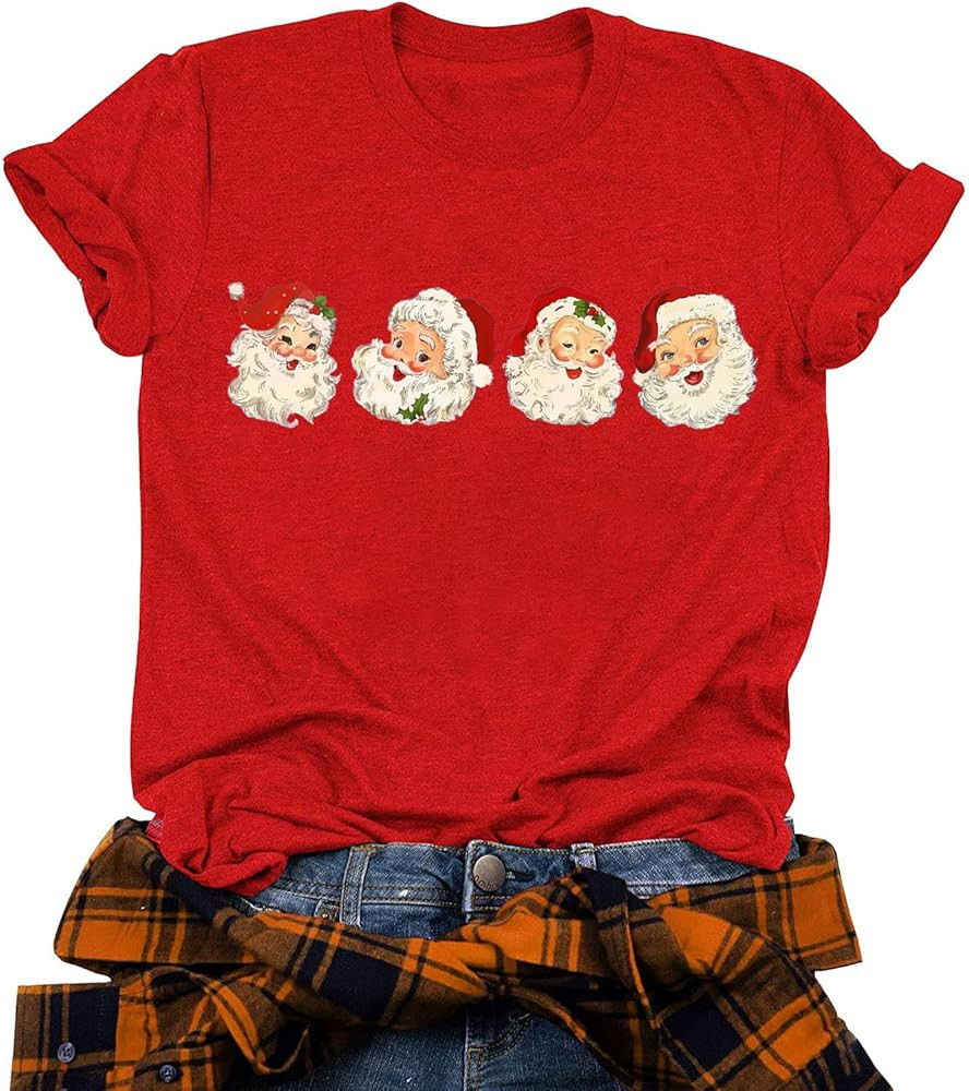 Retro Cheerful Santa Tshirt Women Santa Merry Christmas Shirt Vintage Santa Claus Graphic Tee Sho... | Amazon (US)