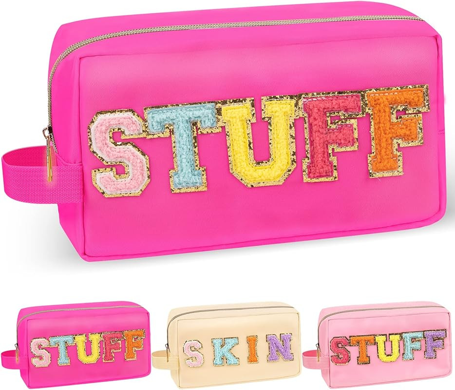 Chenille Letter Makeup Bag Stuff Pouch, Nylon Preppy Patch Makeup Bag Small Travel Makeup Zipper Pou | Amazon (US)