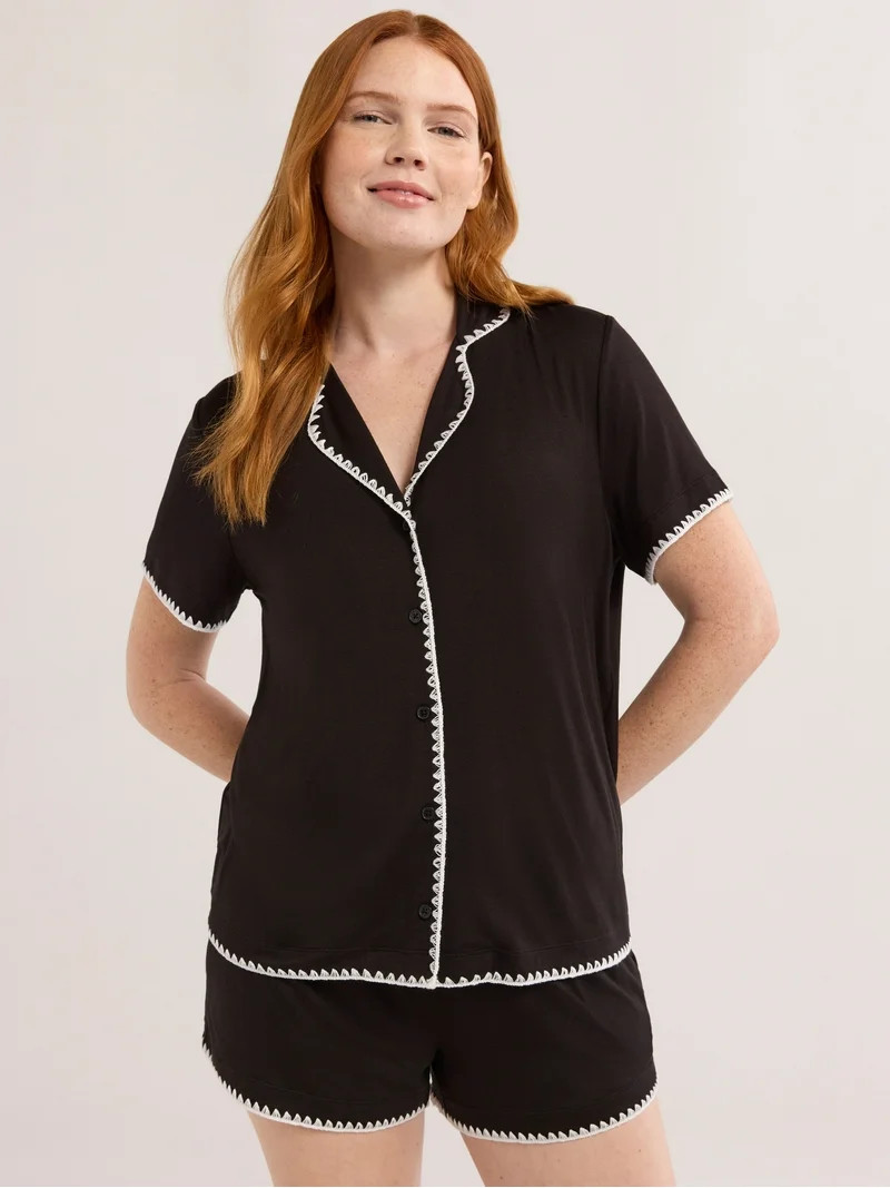 Joyspun Women’s Short Sleeve Notch Top and Shorts Pajama Set with Blanket Stitching, Sizes XS-3... | Walmart (US)