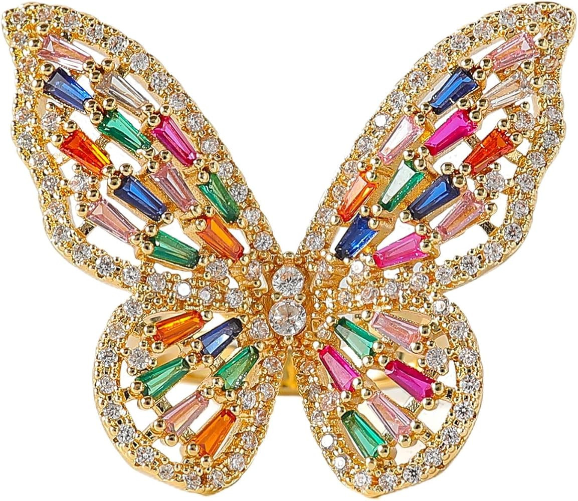 Butterfly Rings for Women Girls Adjustable Golden Cocktail Ring Sparkly Stones Statement Silver B... | Amazon (US)