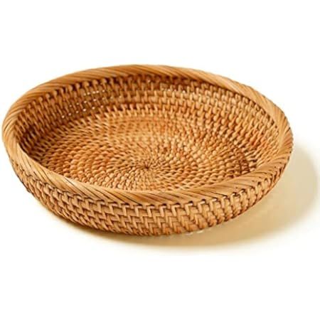 AMOLOLO Hadewoven Round Rattan Fruit Basket Wicker Food Tray Weaving Storage Holder Dinning Room Bow | Amazon (US)