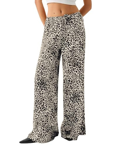 HOCANDY Womens Tie Waist Cheetah Pants Baggy Low Rise Flare Pants Drawstring Leopard Print Wide Leg Trousers with Pockets | Amazon (US)