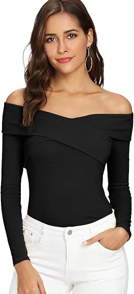 SheIn Women's Sexy Off Shoulder Long Sleeve T-Shirt Cross Wrap Ribbed Knit Tops | Amazon (US)