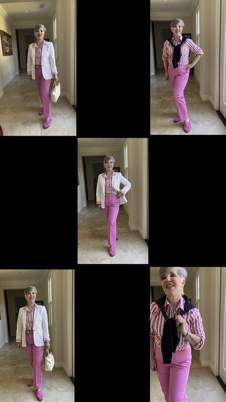 Do you ever wonder how to wear pink. 🩷 to work and still look professional? 
I love a crisp white blazer. It’s so versatile! I paired it with a terrific pink and white striped shirt, pink pants, and pink loafers.
Then, I mixed it up a bit by draping a black cardigan over my shoulders instead of the blazer. This black cotton one (size up ⬆️ 1 size) is so pretty. Same  pink and white striped shirt, pink pants, and pink loafers. Perfect spring workwear!

#ltkunder50 #ltkover50
#ltkover40
#ltkspringlooks
#ltkspringoutfits
#ltkitbag
#ltkshoecrush