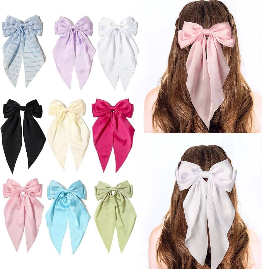 Furling Pompoms Hair Bows Clips for Women Large Pink Bows for Girls White Hair Ribbon for Hair Sa... | Amazon (US)