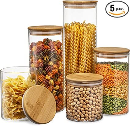 Canister Set of 5, Glass Kitchen Canisters with Airtight Bamboo Lid, Glass Storage Jars for Kitch... | Amazon (US)