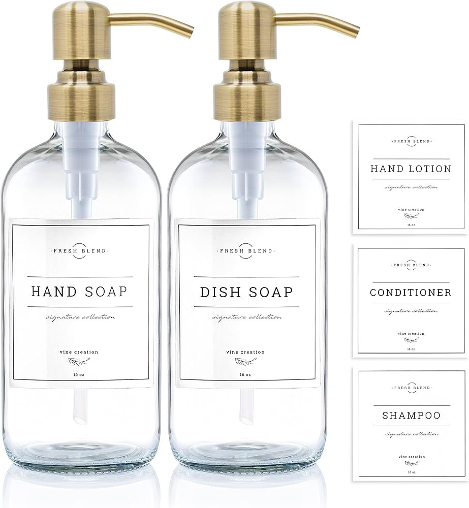 Vine Creations Clear Glass Soap Dispenser 2 Pack, Thick 16oz Bottles Rustproof Stainless Steel Pu... | Amazon (US)