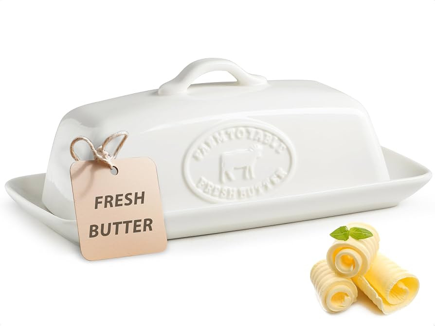 Cow Butter Dish, Ceramic Butter Dish with Lid for Countertop, White Butter Tray with Handle, Farm... | Amazon (US)