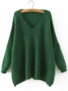 Green V Neck Batwing Sleeve Loose Sweater | ROMWE
