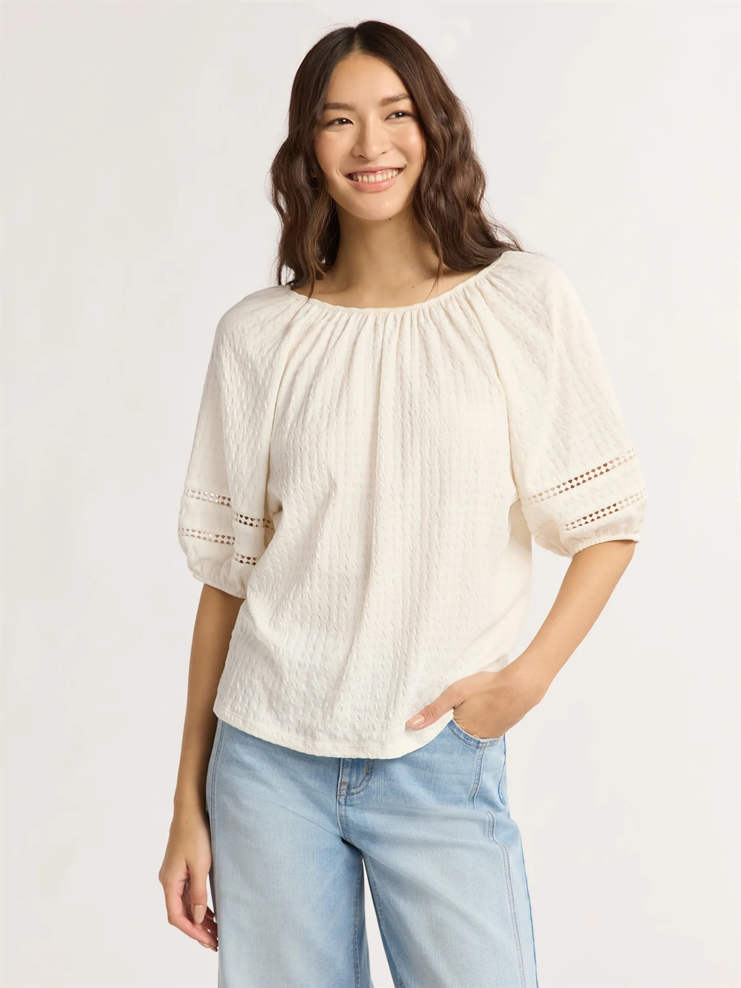 Time and Tru Women's Lace Trim Top with Puff Sleeves, Sizes XS-XXXL | Walmart (US)