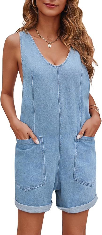 Womens High Roller Shortall Denim Romper Casual Sleeveless Loose Jeans Overalls Shorts Jumpsuits ... | Amazon (US)