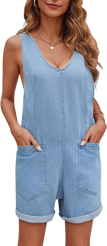 Womens High Roller Shortall Denim Romper Casual Sleeveless Loose Jeans Overalls Shorts Jumpsuits ... | Amazon (US)