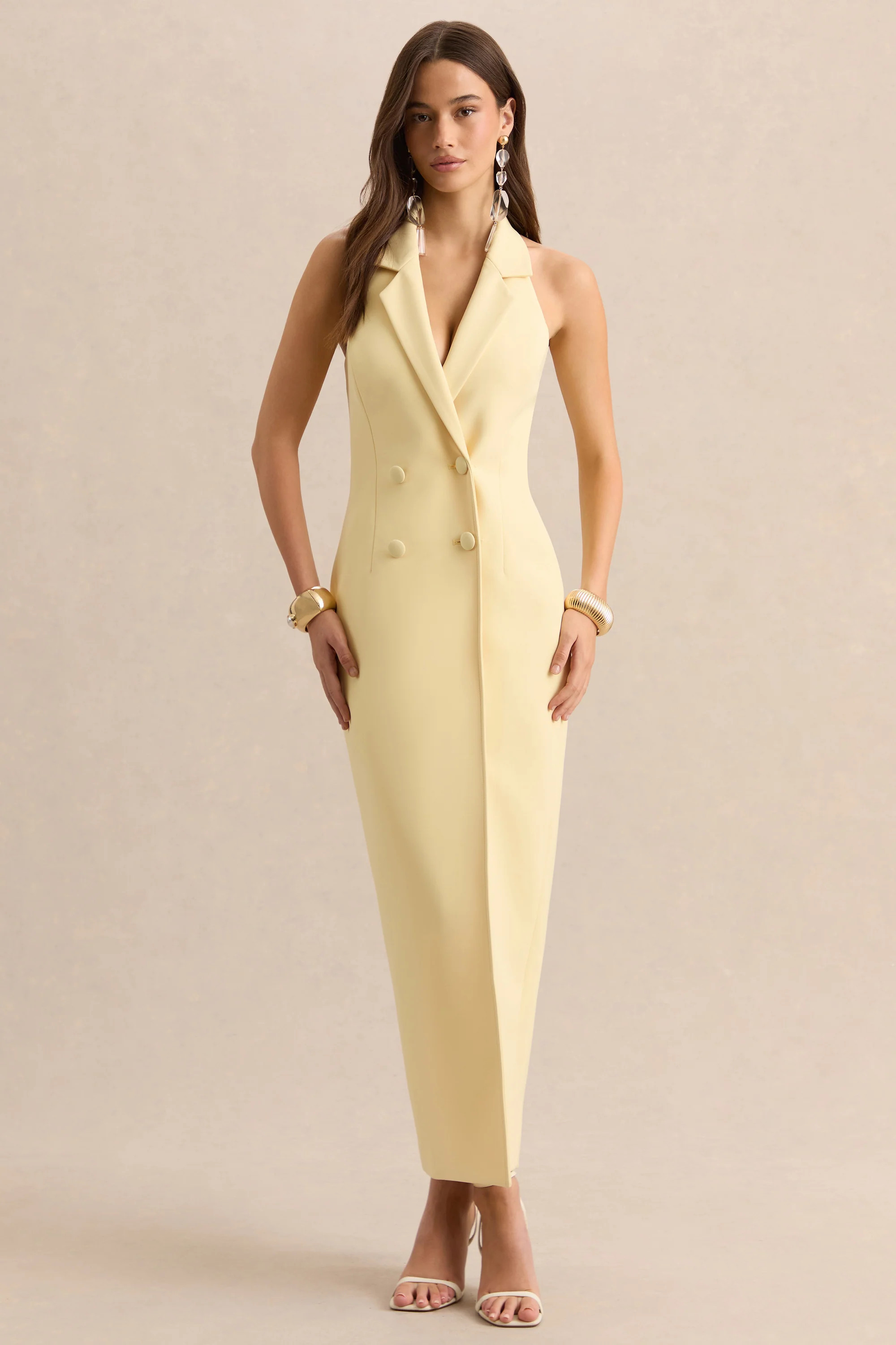 Hana | Lemon Plunge-Neck Tailored Maxi Dress | Club L London
