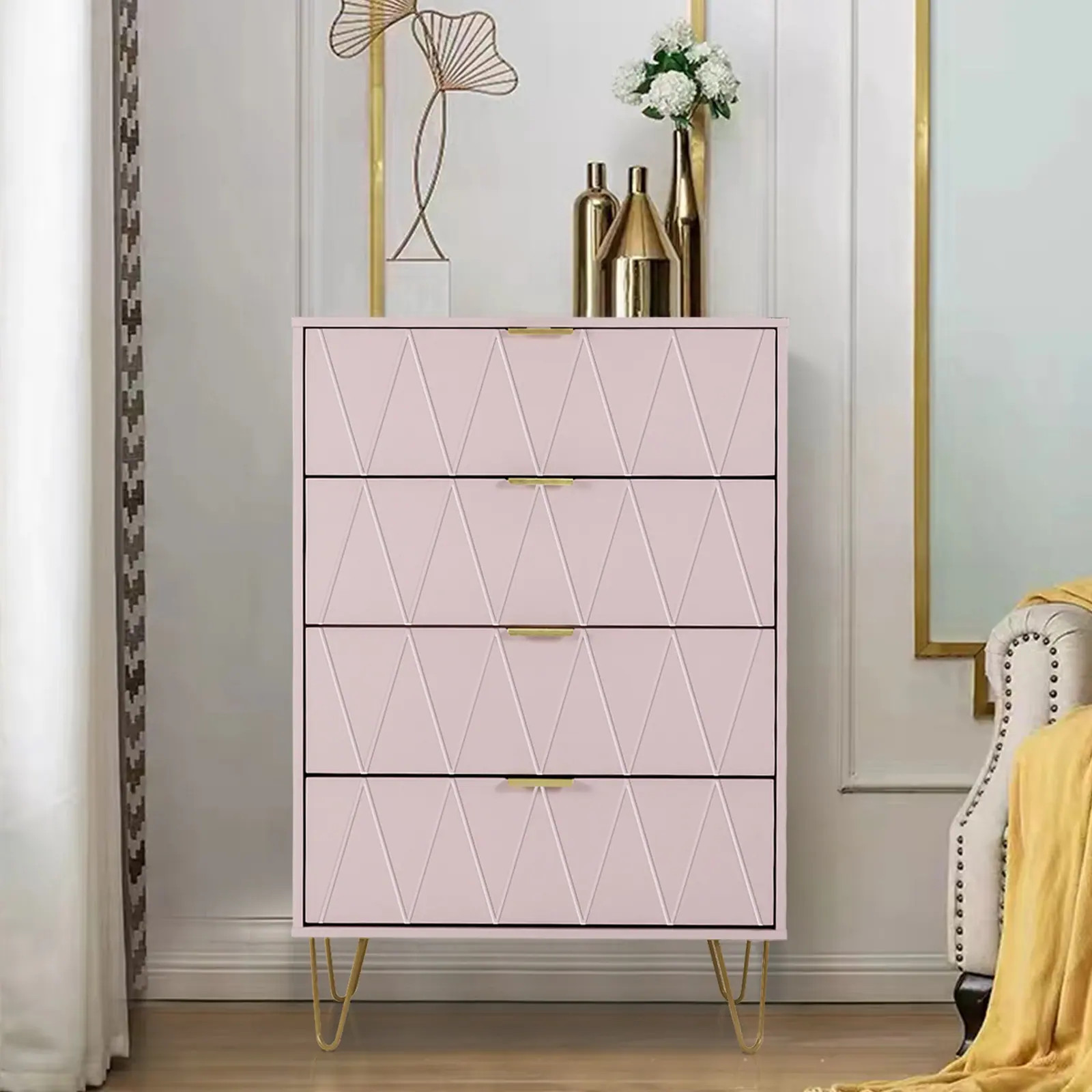 4 Drawers Chest Of Dresser Tall Storage Tower Cabinet with Metal Legs - Pink | Overstock