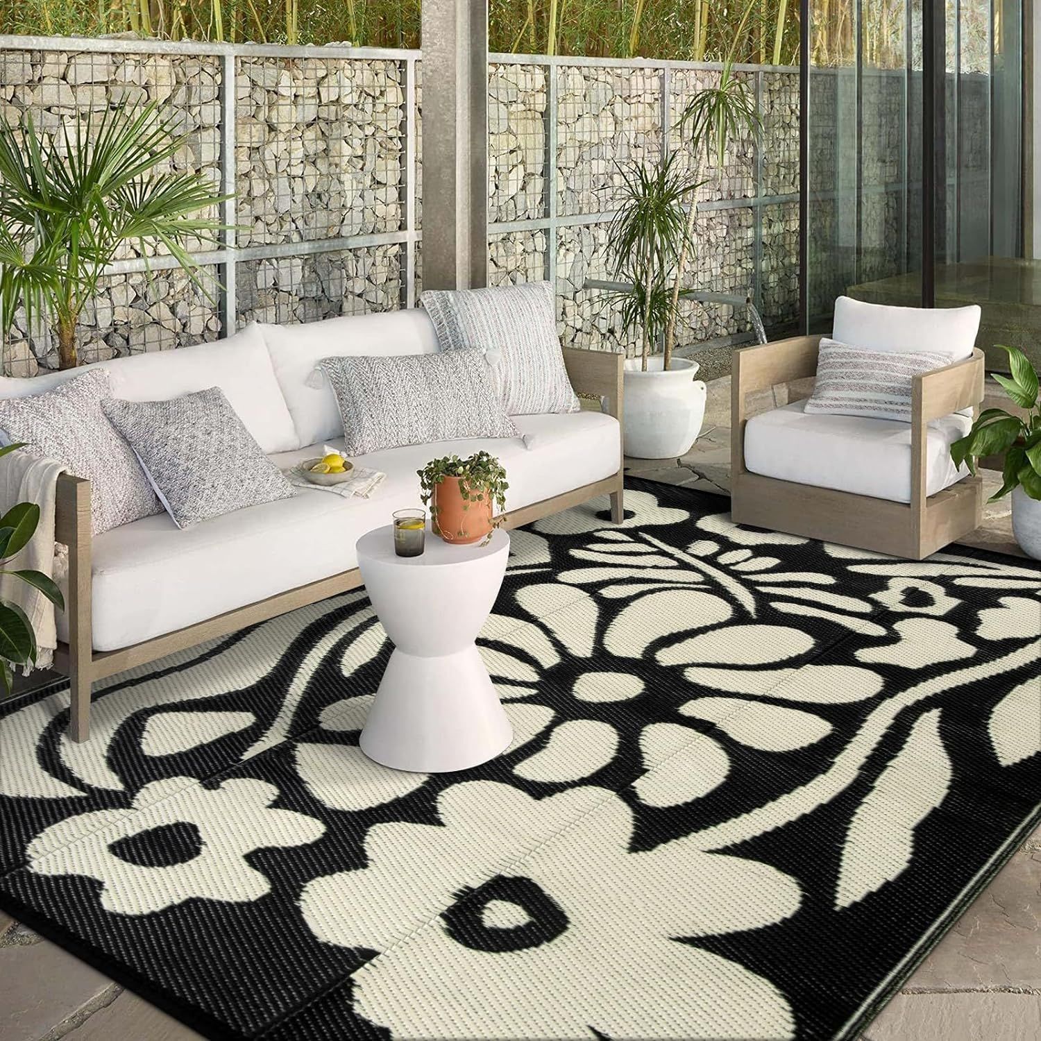 Wonnitar 8x10 Outdoor Patio Rug Clearance,Waterproof Plastic Straw Rugs Reversible Outside Large Mat,Abstract Floral Lightweight Carpet for Backyard Balcony RV Camping Deck,Black and White | Amazon (US)