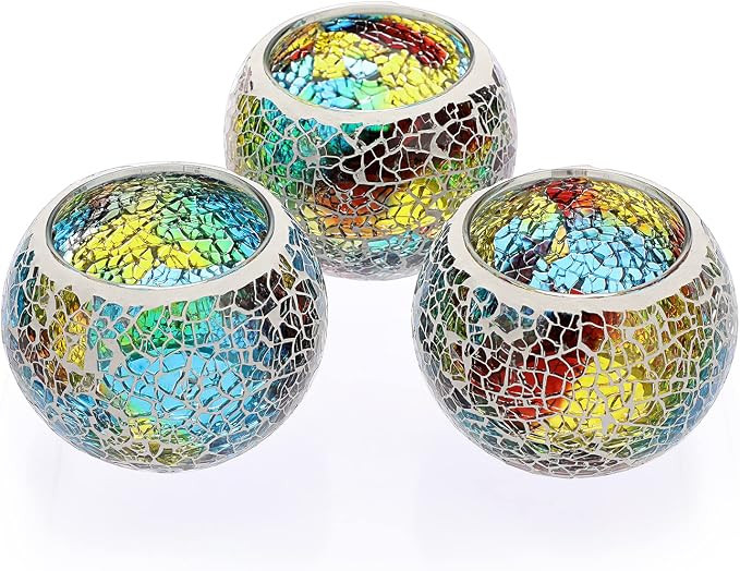 OwnMy 3PCS Mosaic Glass Tea Light Holders Round Bowl Votive Candle Holders | Colorful Mosaic Glas... | Amazon (US)