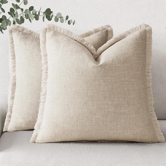 Amazon.com: decorUhome Summer Decorative Neutral Linen Fringe Throw Pillow Covers Set of 2 Natura... | Amazon (US)