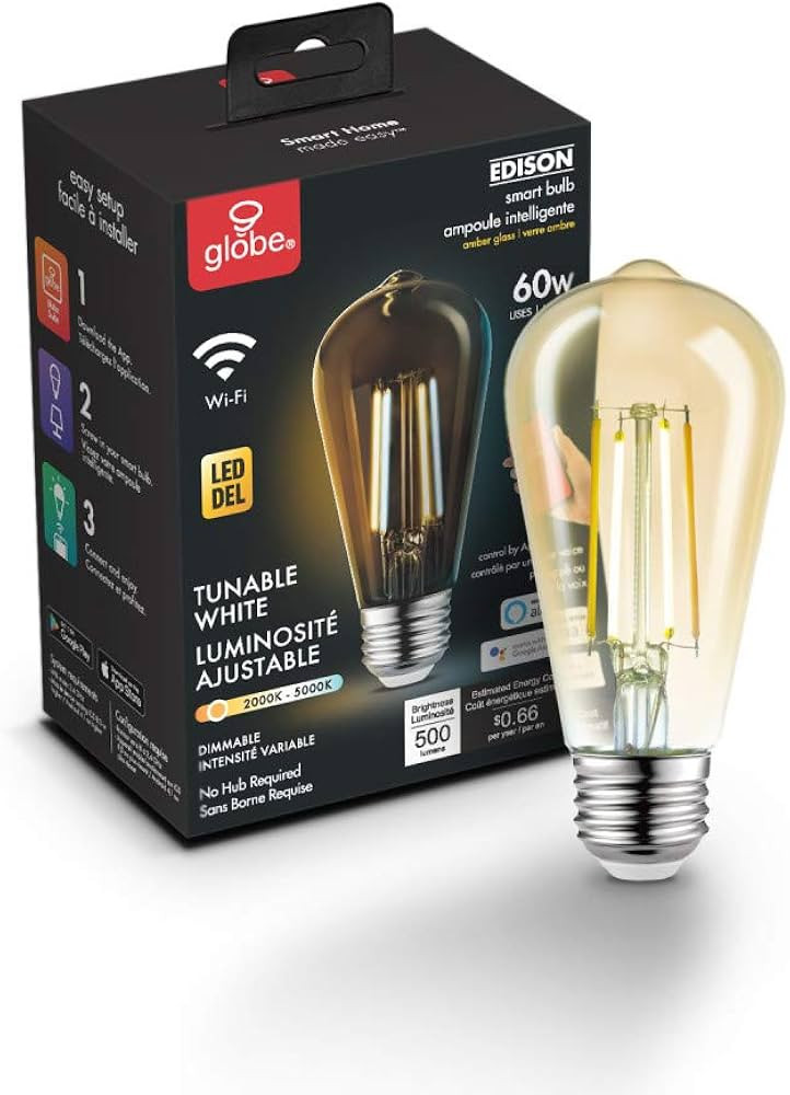 Globe Electric 34919 Wi-Fi Smart 5.5W (60W Equivalent) Straight Filament Tunable White Amber Glas... | Amazon (US)