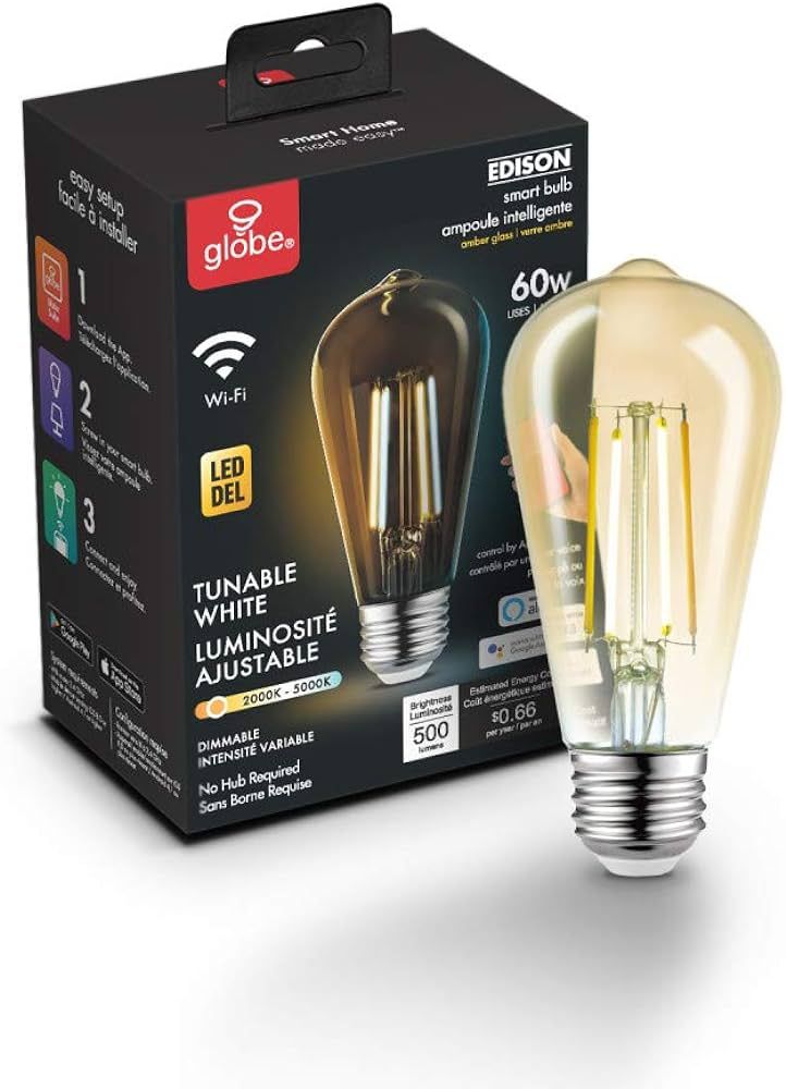 Globe Electric 34919 Wi-Fi Smart 5.5W (60W Equivalent) Straight Filament Tunable White Amber Glas... | Amazon (US)
