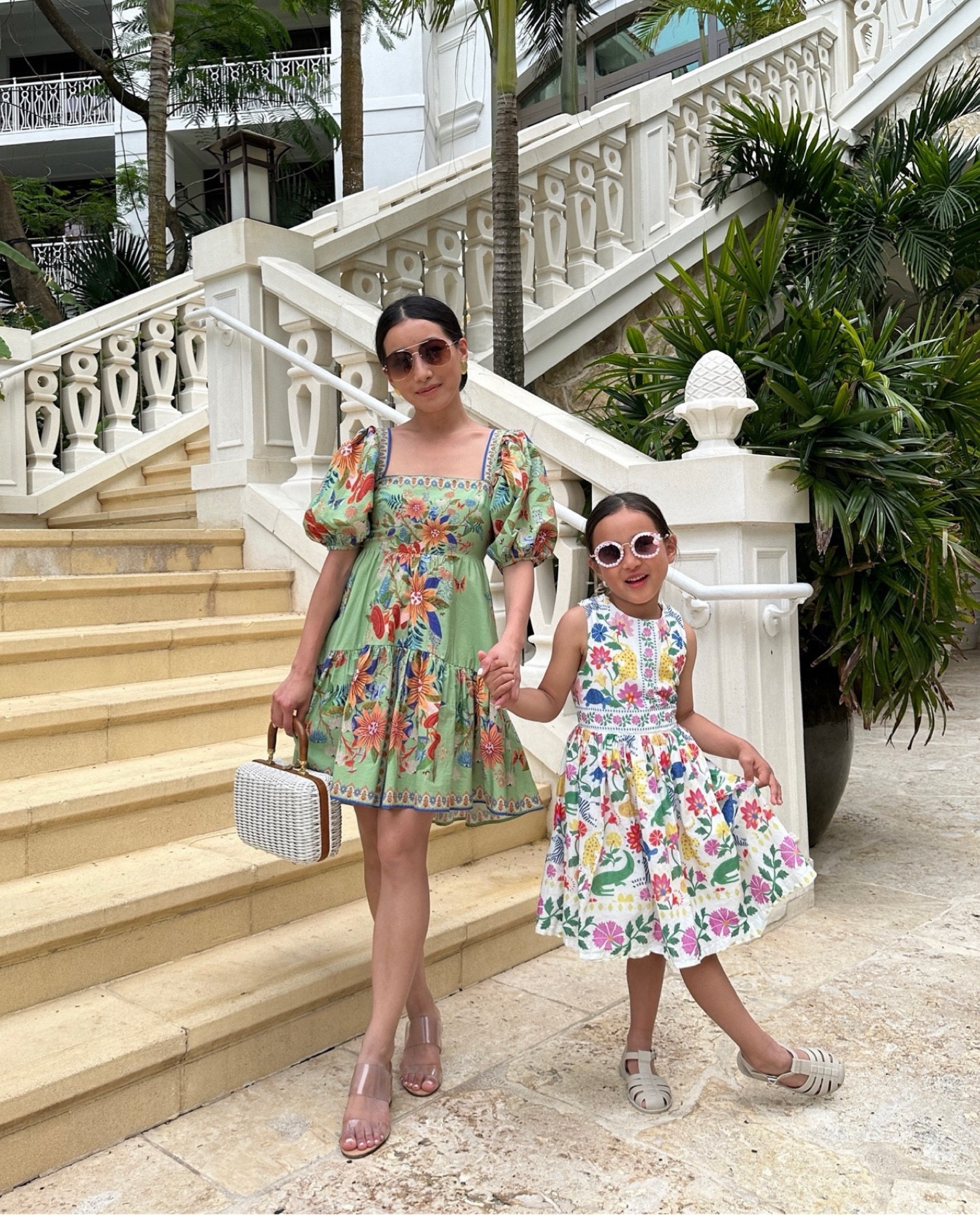 Huge Farm Rio sale! 60% off final sale on lots of Farm Rio items, including this dress

FYI their rompers run snug for me in the waist. 
 • Farm Rio green floral dress xxs very petite friendly and comfortable. Has pockets! also is bump friendly due to smocked back slightly stretchy empire waistline and flared skirt. 
 • Schutz clear wedges slides, size 5.5 these are one of my comfiest heels that I’ve had for years 
 • vintage wicker bag, an eBay find. brand is lesco lorna   • Nori is in Boden girls cross back dress, soo cute and well made with cotton lining. Nordstorm has the most prints in stock! 
I usually go 1 size up for her to grow into for Boden. 
 • her jelly waterproof sandals are liewood from Luisa via Roma (I did pay $15 shipping and it’s still cost lower than other retailers) and we also own the Amazon ones that are great but outgrew their sizing . Love the snap button strap on both!   Beach resort summer vacation outfits

#LTKSaleAlert 

#LTKkids #LTKfamily #LTKSeasonal