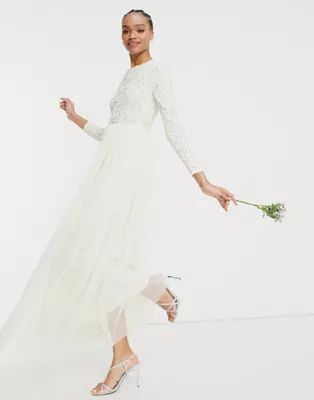 Maya Bridal long sleeve maxi dress with delicate sequin and tulle skirt in ecru | ASOS | ASOS (Global)