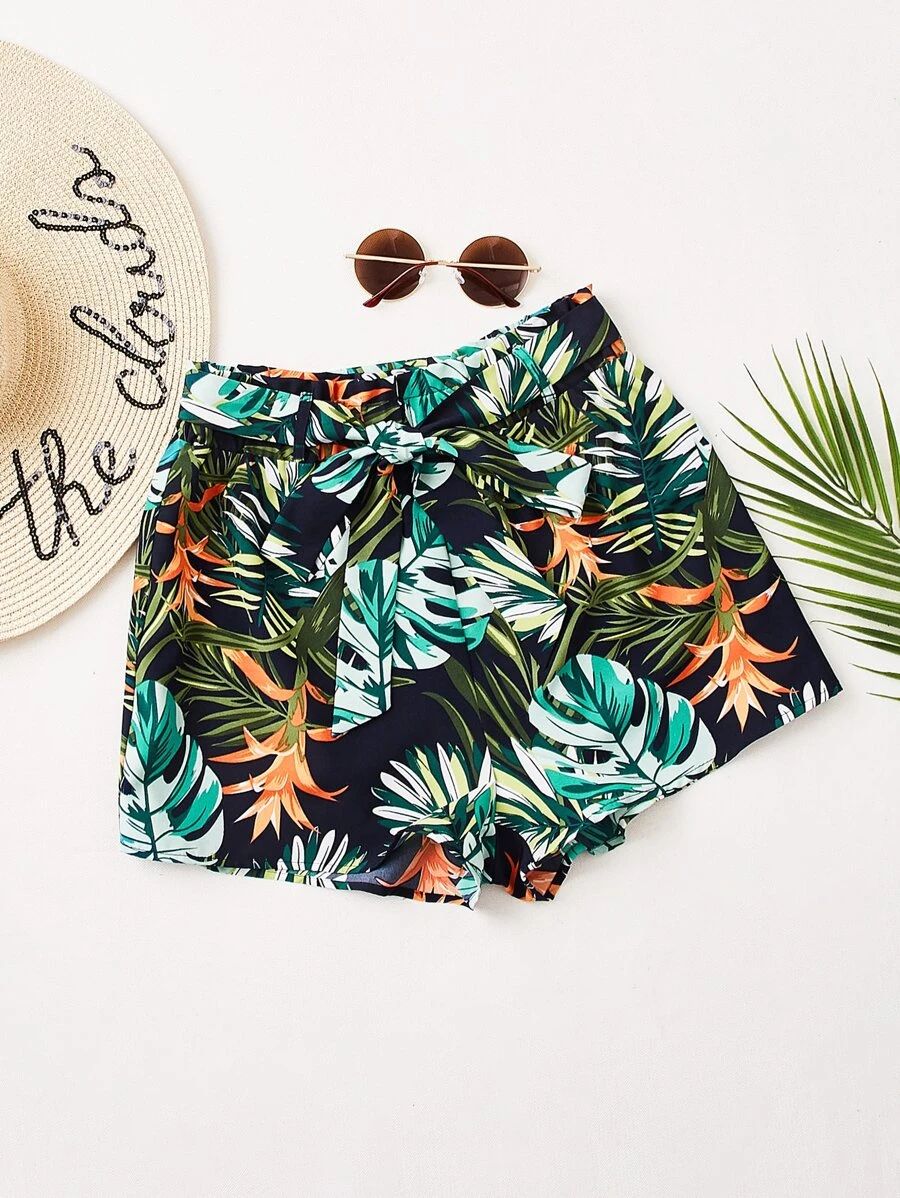 Tropical Print Self Tie Shorts | SHEIN