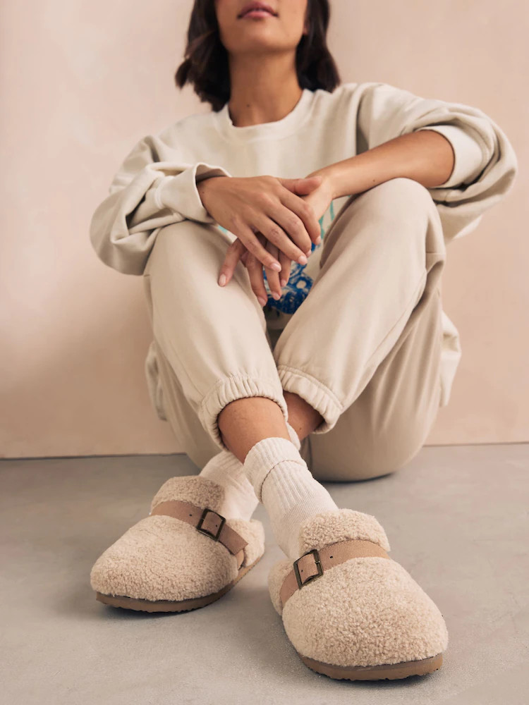 Beige Borg Buckle Mule Slippers | Next EU
