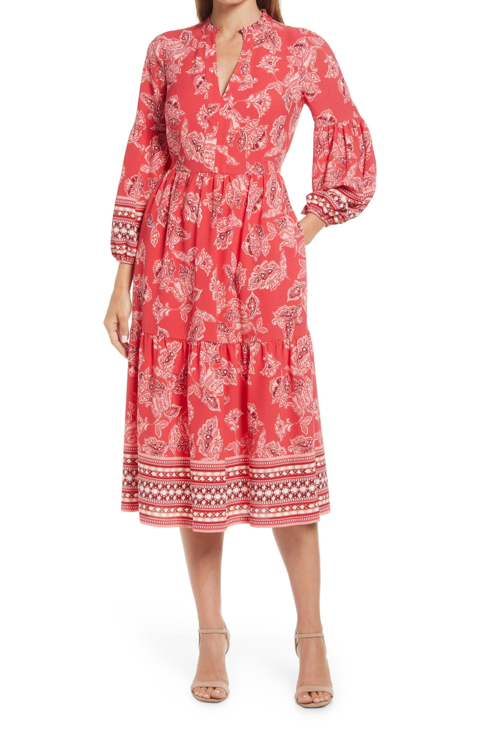 Pebble Crepe Ruffle Neck Long Sleeve Midi DressVINCE CAMUTO | Nordstrom