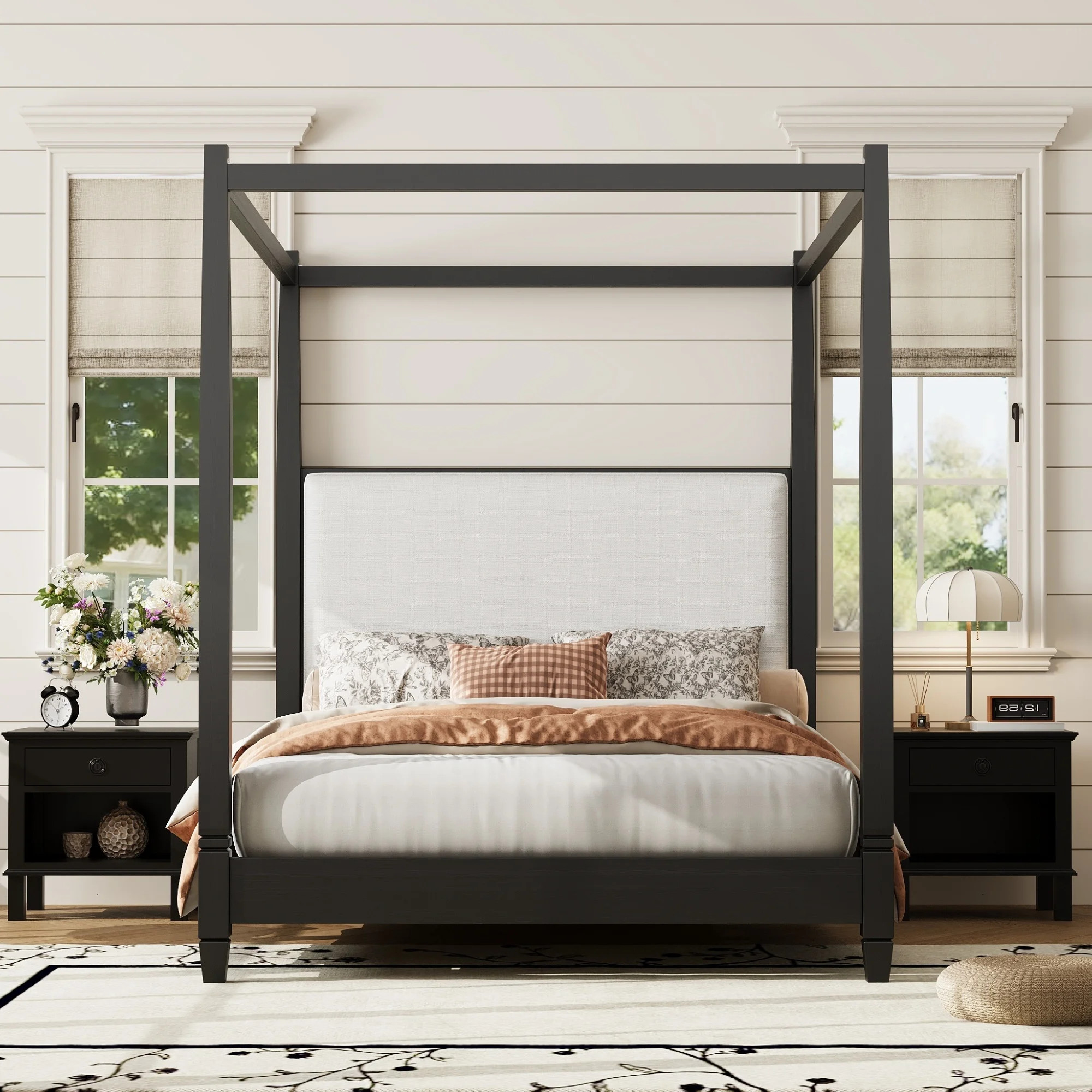 Euroco Wood Queen Size Canopy Platform Bed with Upholstery Headboard, Black - Walmart.com | Walmart (US)