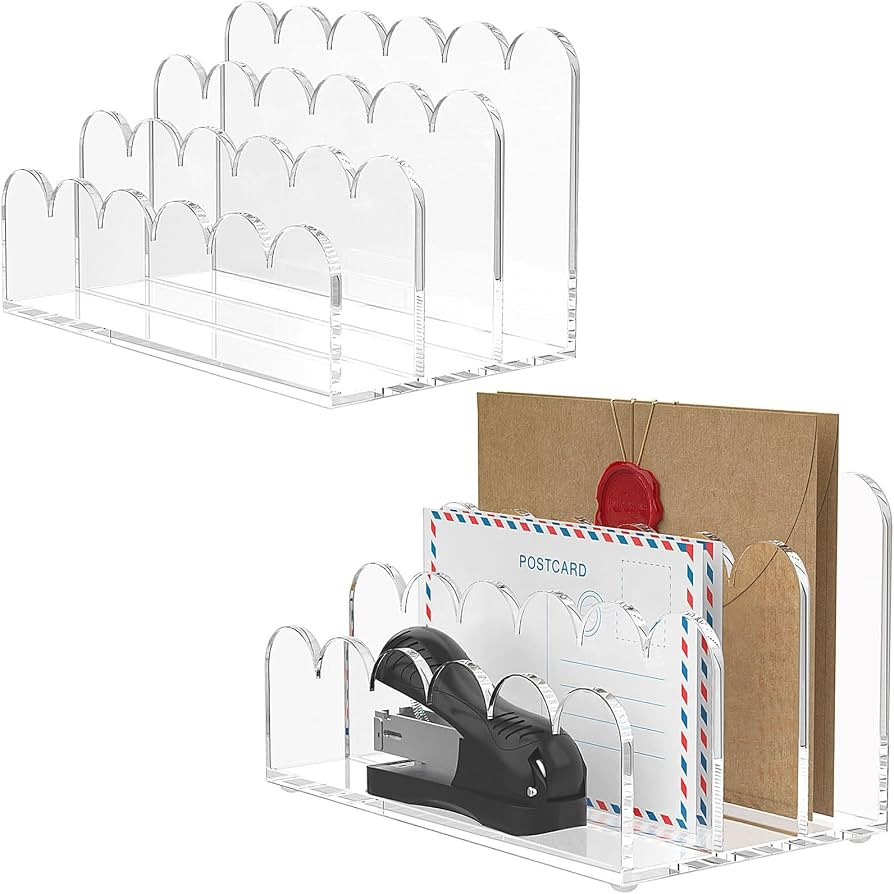 YAGELI 2 Pack 3-Slot Acrylic Mail Organizer for Desktop \u2013 Scalloped Clear Document Sorter, V... | Amazon (US)