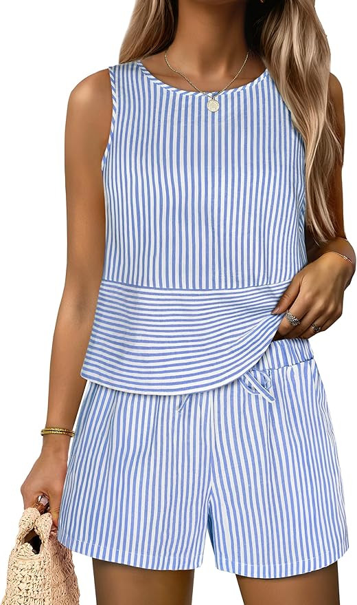 ANRABESS Womens 2 Piece Outfits Striped Summer Casual Sleeveless Tank Top Matching Shorts Lounge ... | Amazon (US)