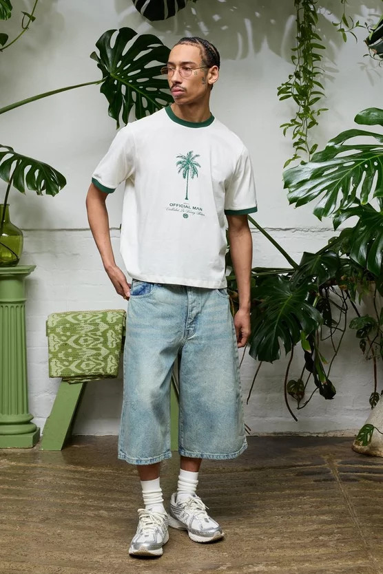 Long Line Denim Jorts In Antique Blue Wash | boohooMAN (US & Canada)