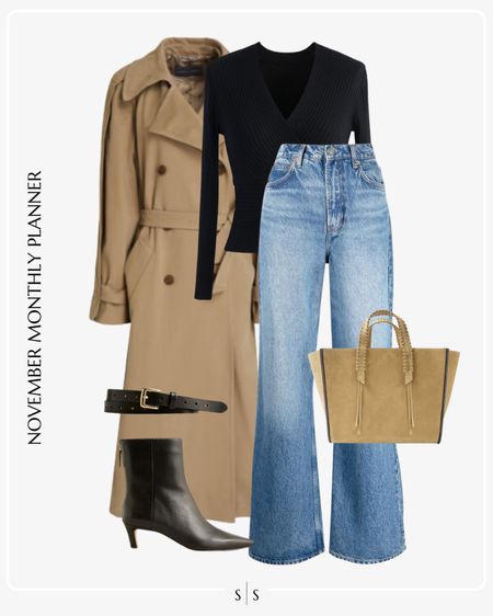 Monthly outfit planner: NOVEMBER Fall and Winter looks | trench coat, wrap sweater, high rise wide leg Jean, ankle boot, suede tote, date night outfit 

See the entire calendar on thesarahstories.com ✨

#LTKstyletip