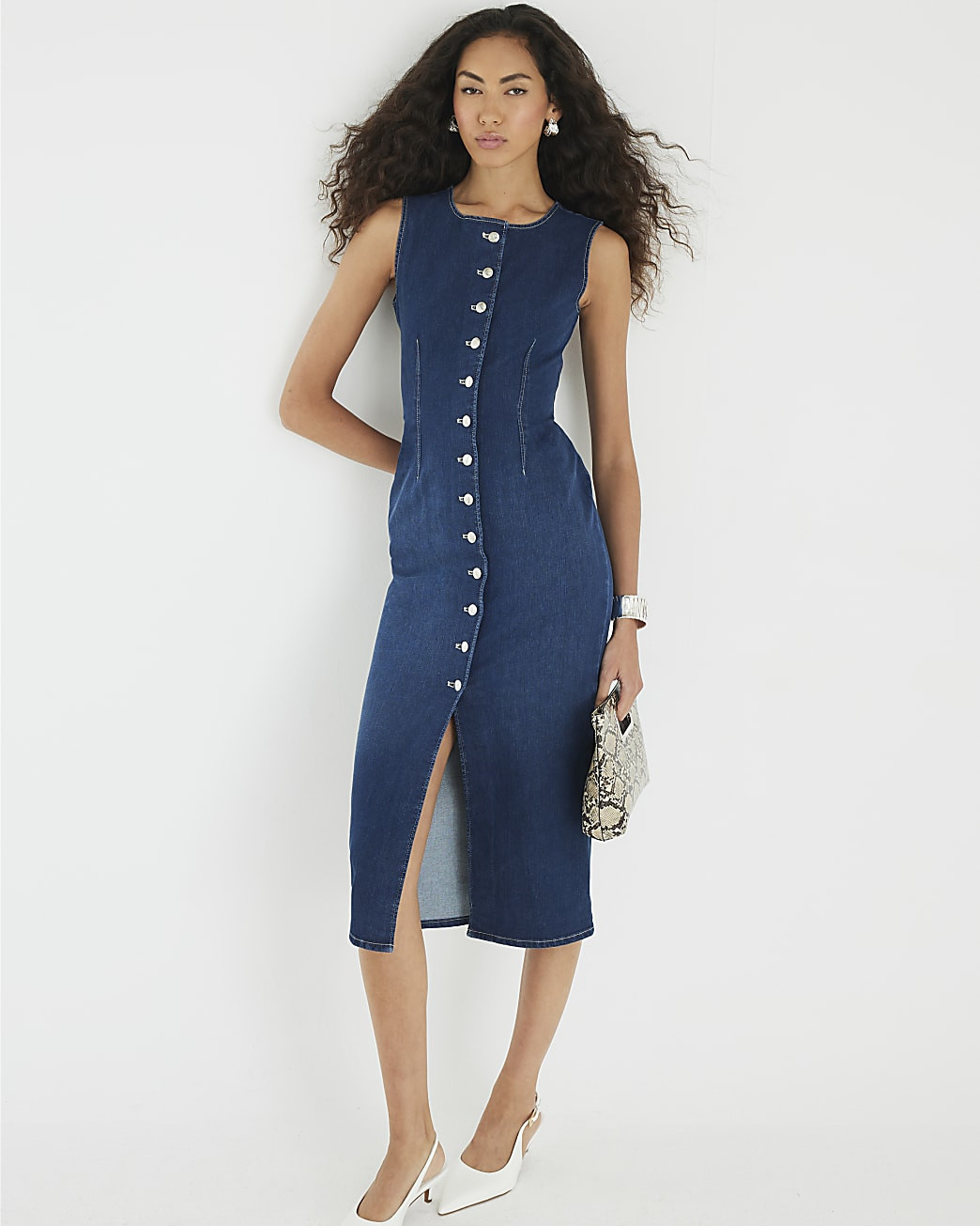 Blue Denim Button Front Midi Dress | River Island UK & IE